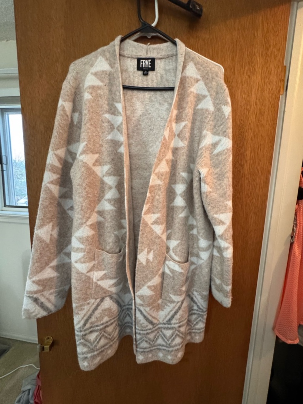 FRYE Cream and Tan Geometric Open-Front Cardigan